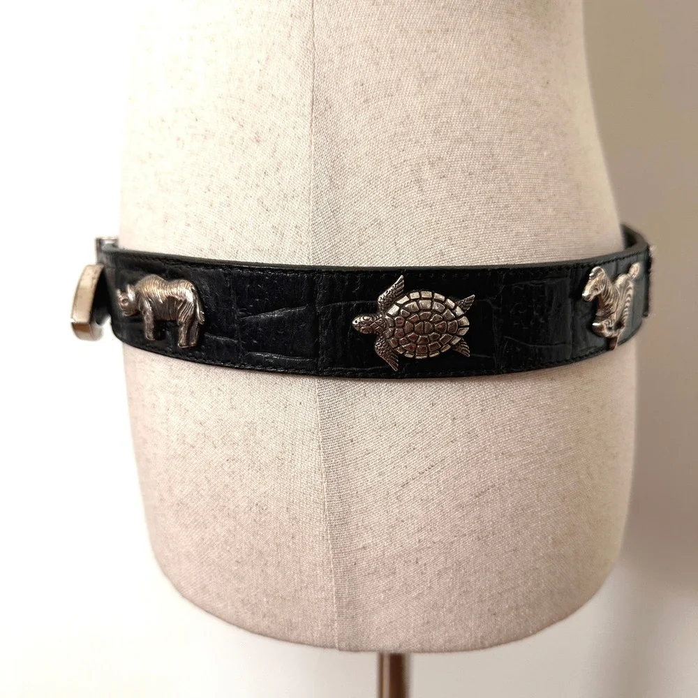 VTG 90s Honest Safari Animal Concho Leather Belt Black Croc Embossed Silver 32